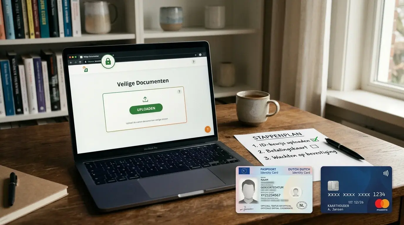Checklist naast betaalkaart, identiteitsdocument en beveiligde upload op een scherm