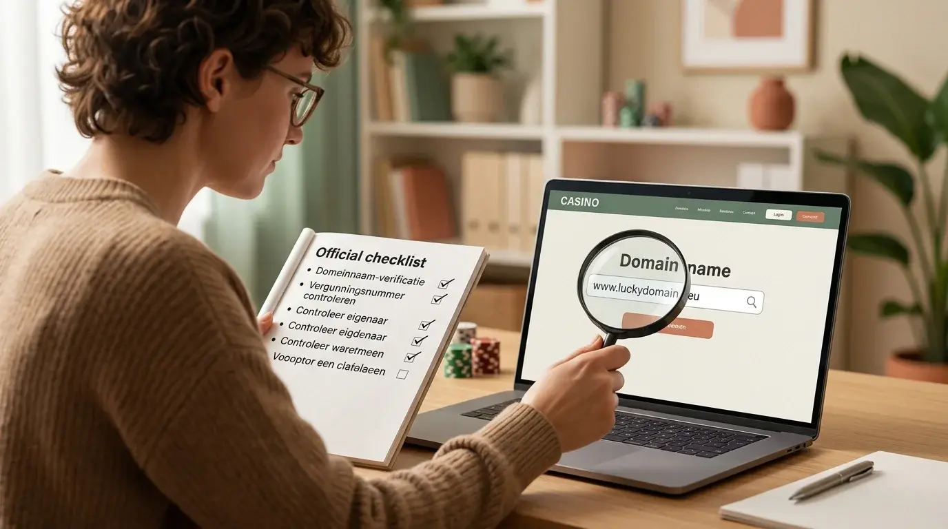 Persoon vergelijkt een goksite met een officiële controlelijst op een laptop